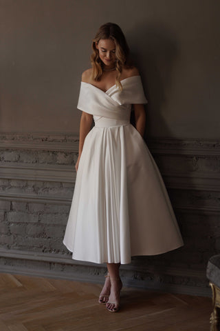 Light ivory Satin Midi Wedding Dress Cameron
