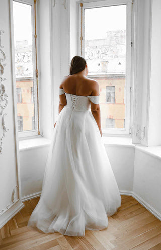 Plus Size Shiny Off-the-Shoulder Wedding Dress Klouzi 2 with wide straps - Olivia Bottega
